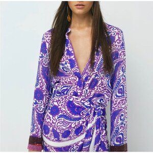 Zara Purple & White Paisley Button-Up Blouse With Beaded Cuffs M Medium